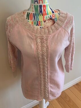 SPANNER Pink Heather Knit Top with Cable Detail Body 100% Linen